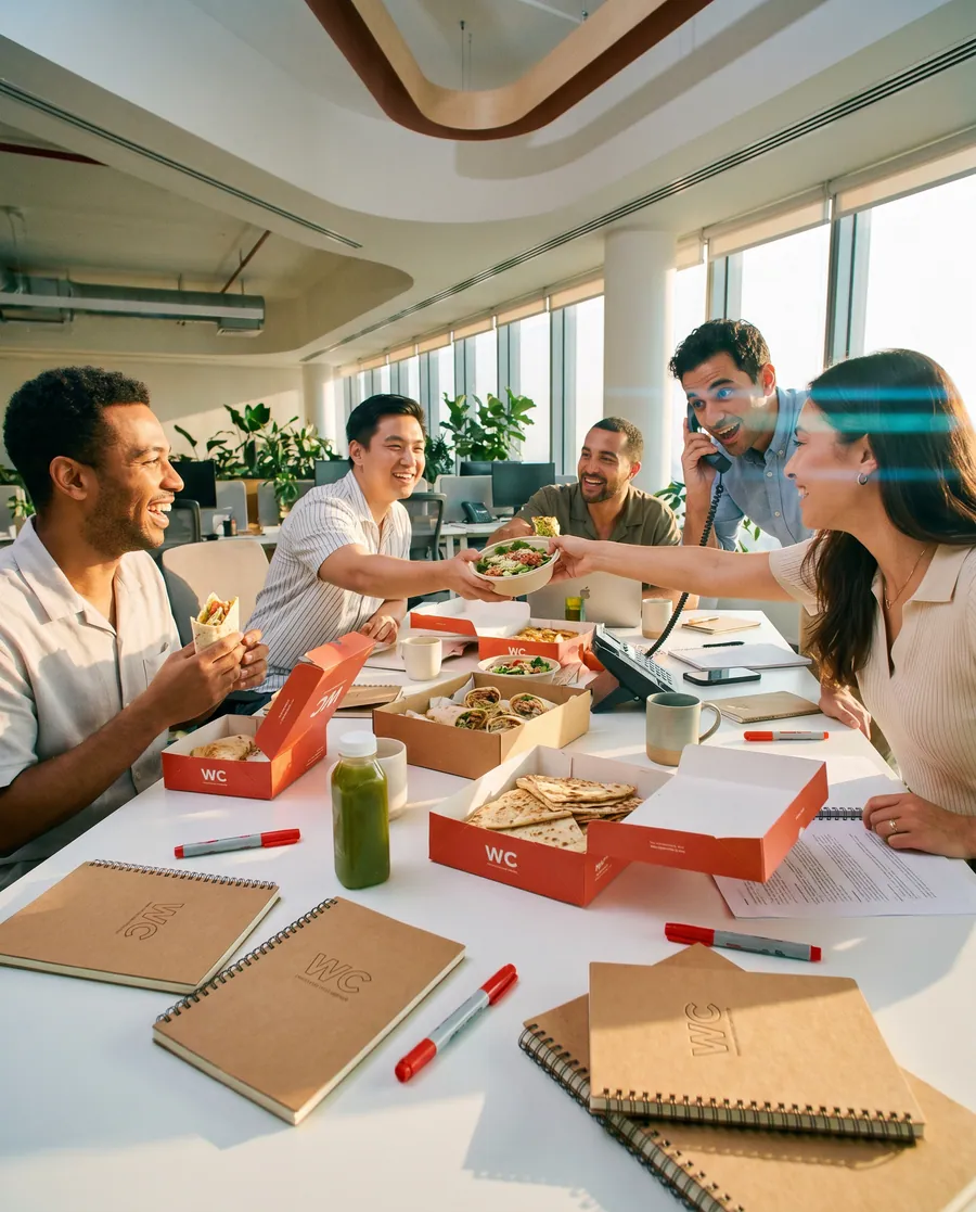 A table of people sharing a Wrap City catering order