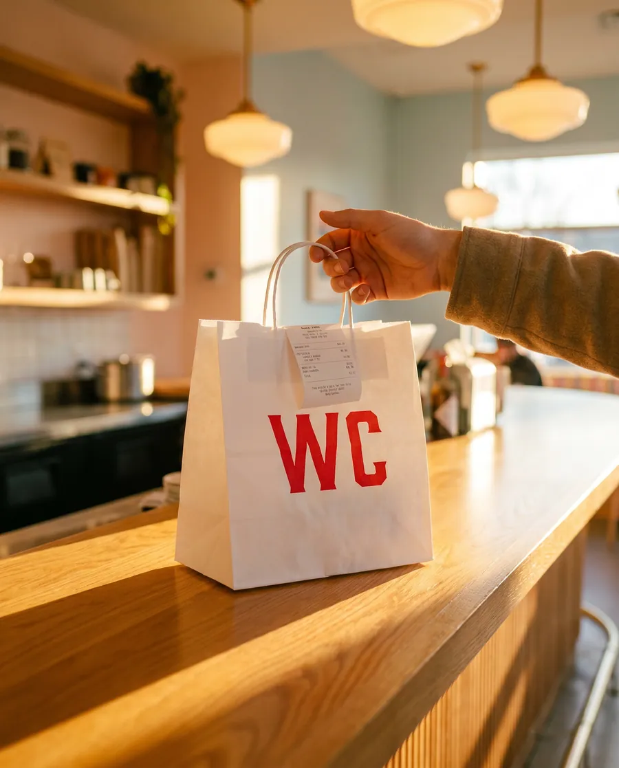A Wrap City takeout bag handed over the counter