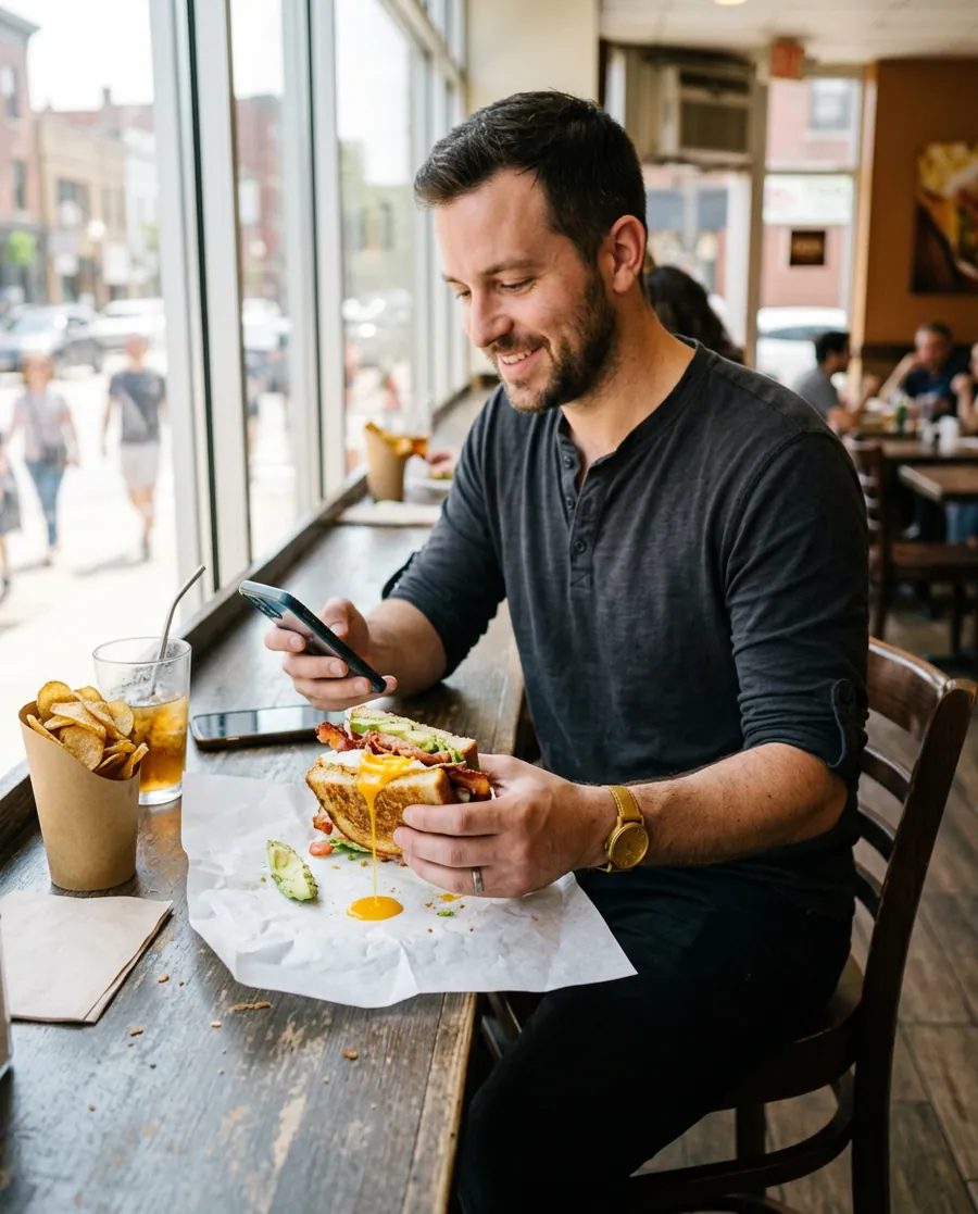 A guest earning City Perks points while eating at Wrap City