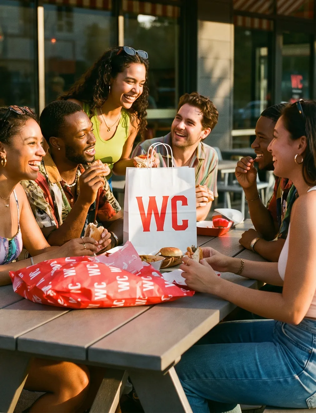 Neighbours sharing Wrap City wraps at a community table