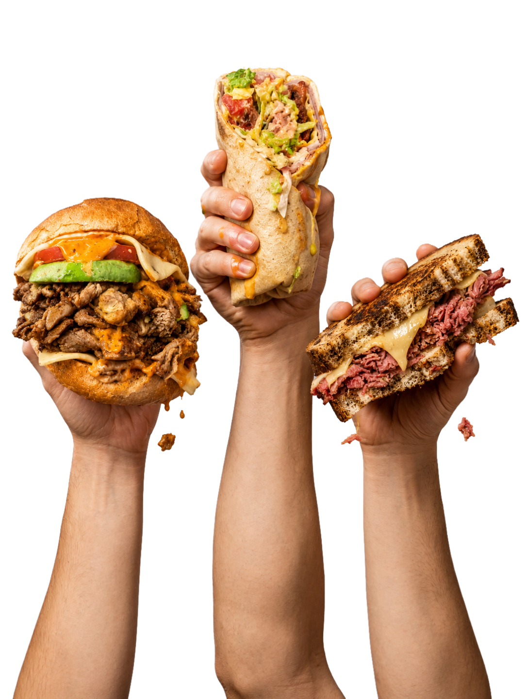 Hands raised holding Wrap City sandwiches and wraps